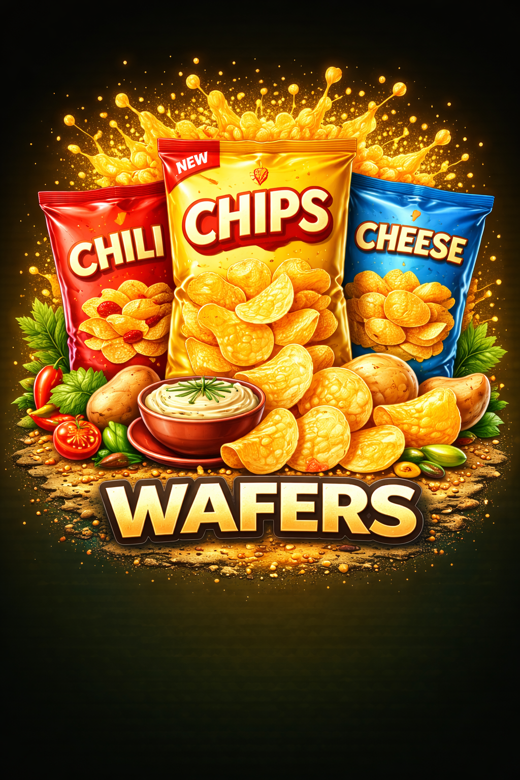 Home colorful snack explosion with wafers chips