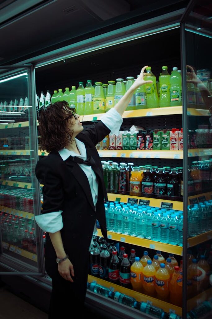 A woman in a black jacket reaches for a drink in a supermarket beverage aisle.