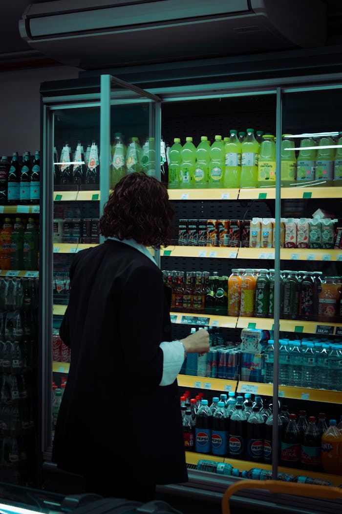 Woman browsing beverage aisle in a convenience store at night.